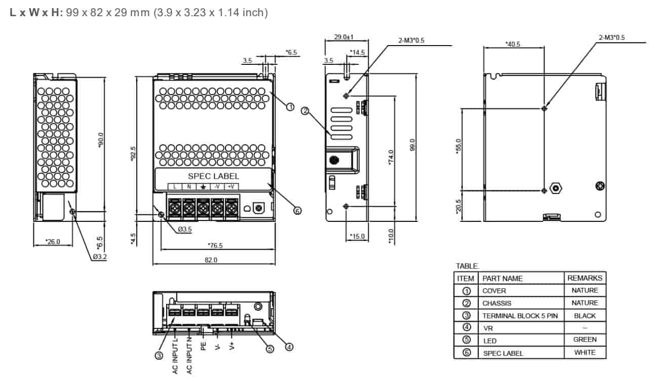 kích thước Bộ nguồn PMT-24V50W2BA