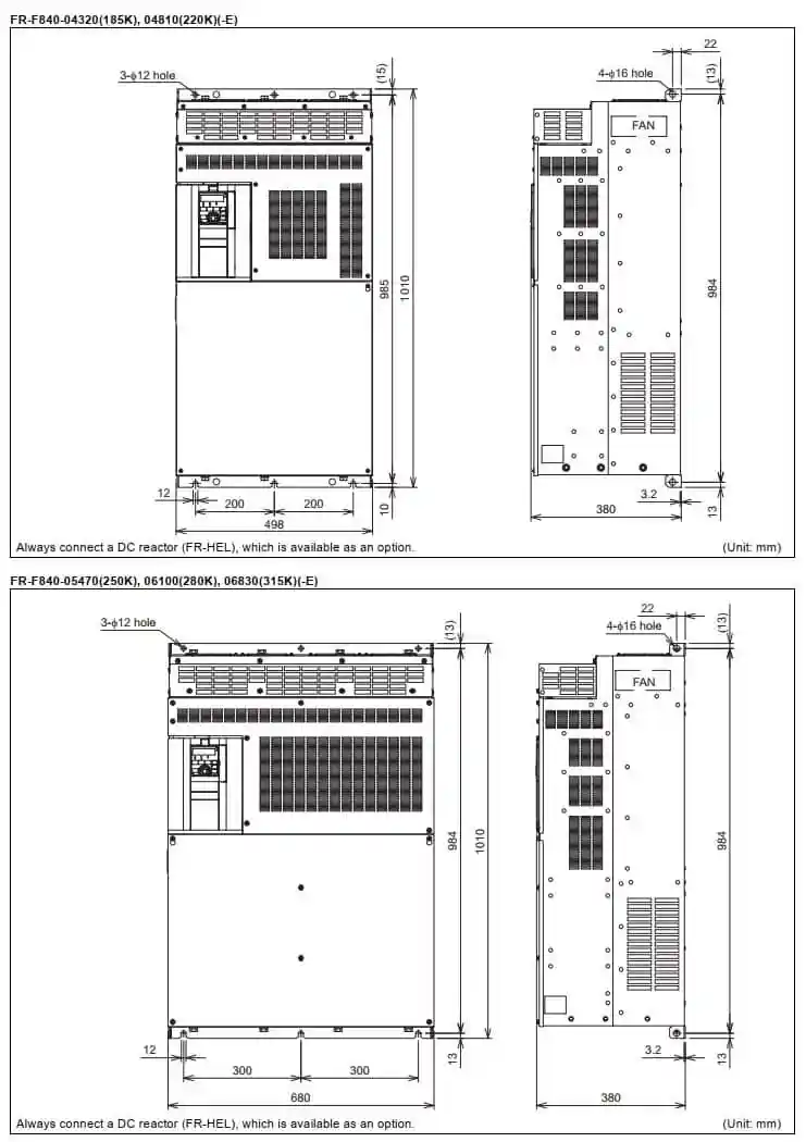 kích thước biến tần FR-F840-90K-1